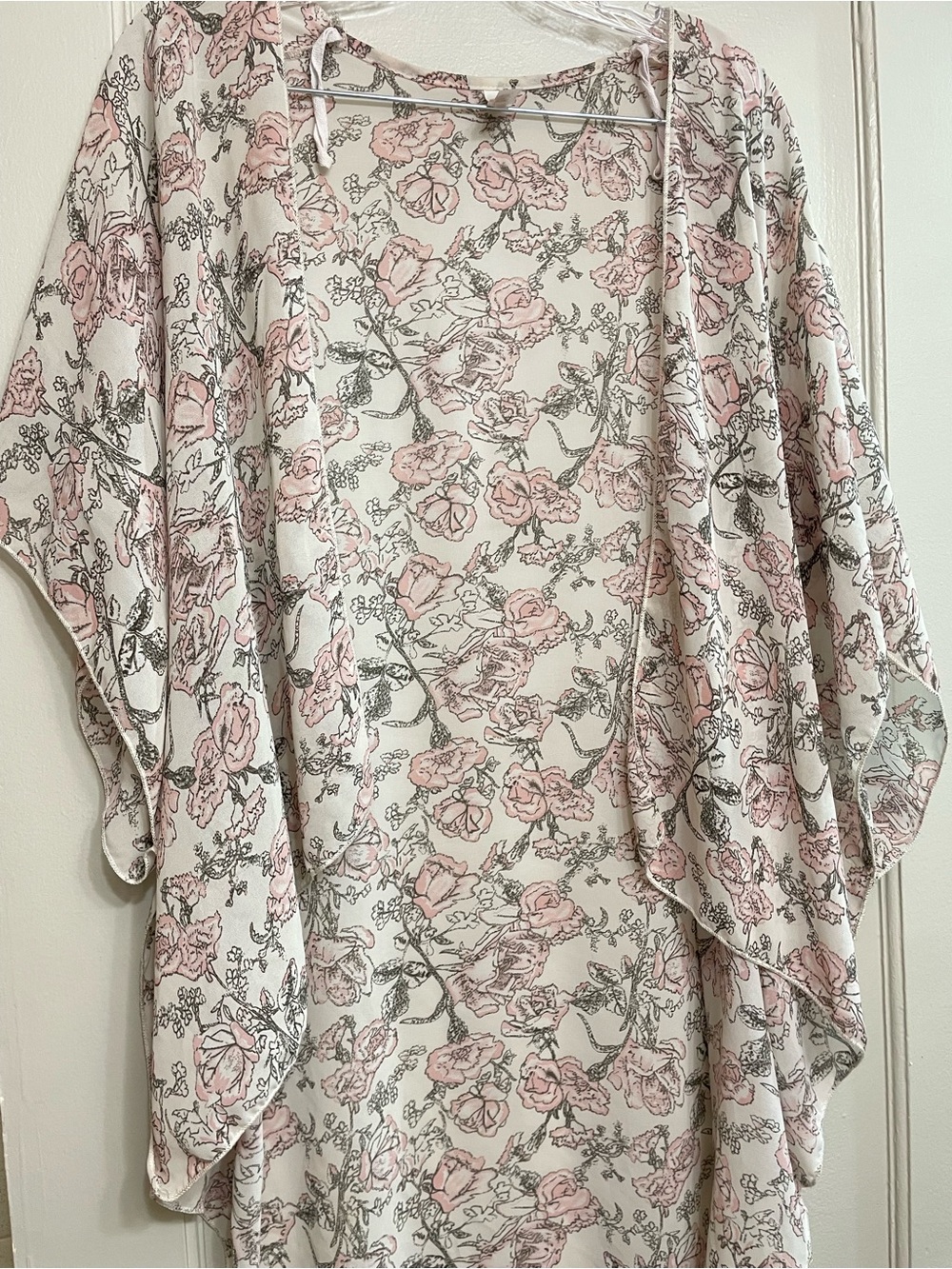 Floral Sheer Kimono Robe - Light Pink/White